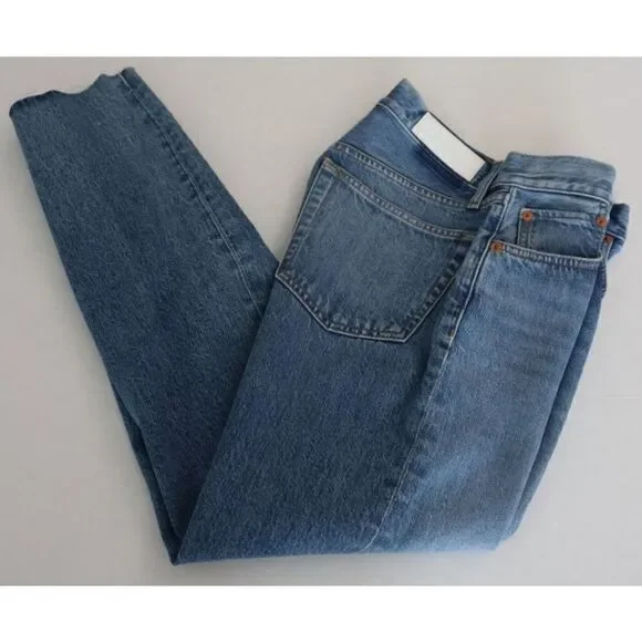 Re/Done Women's Sz 26 Blue Stove Pipe Crop Button Fly Raw Hem Denim Jeans $265 - Picture 8 of 10